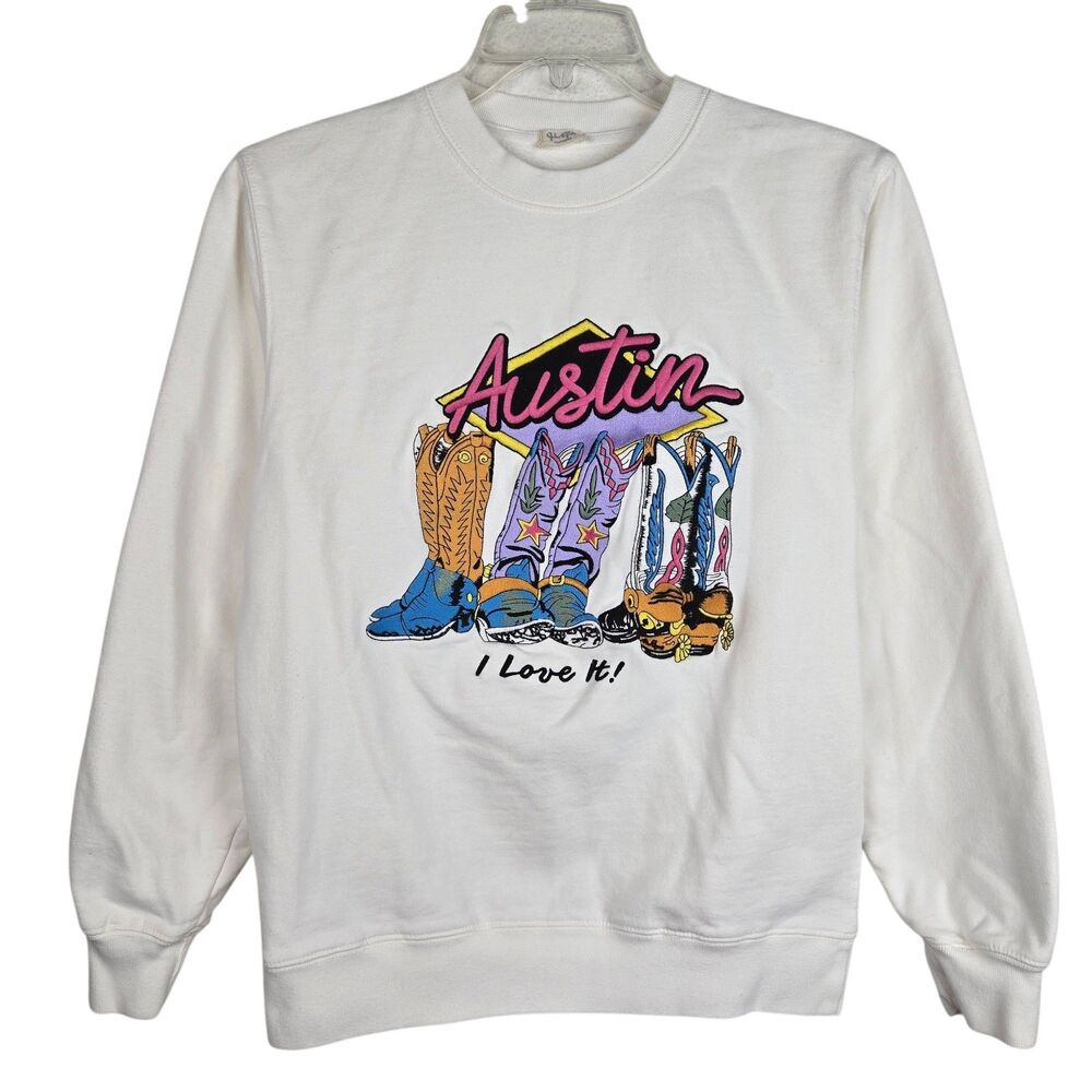 John Galt Austin Sweatshirt Women L White Cowboy Boots Emboidered Pullover Texas